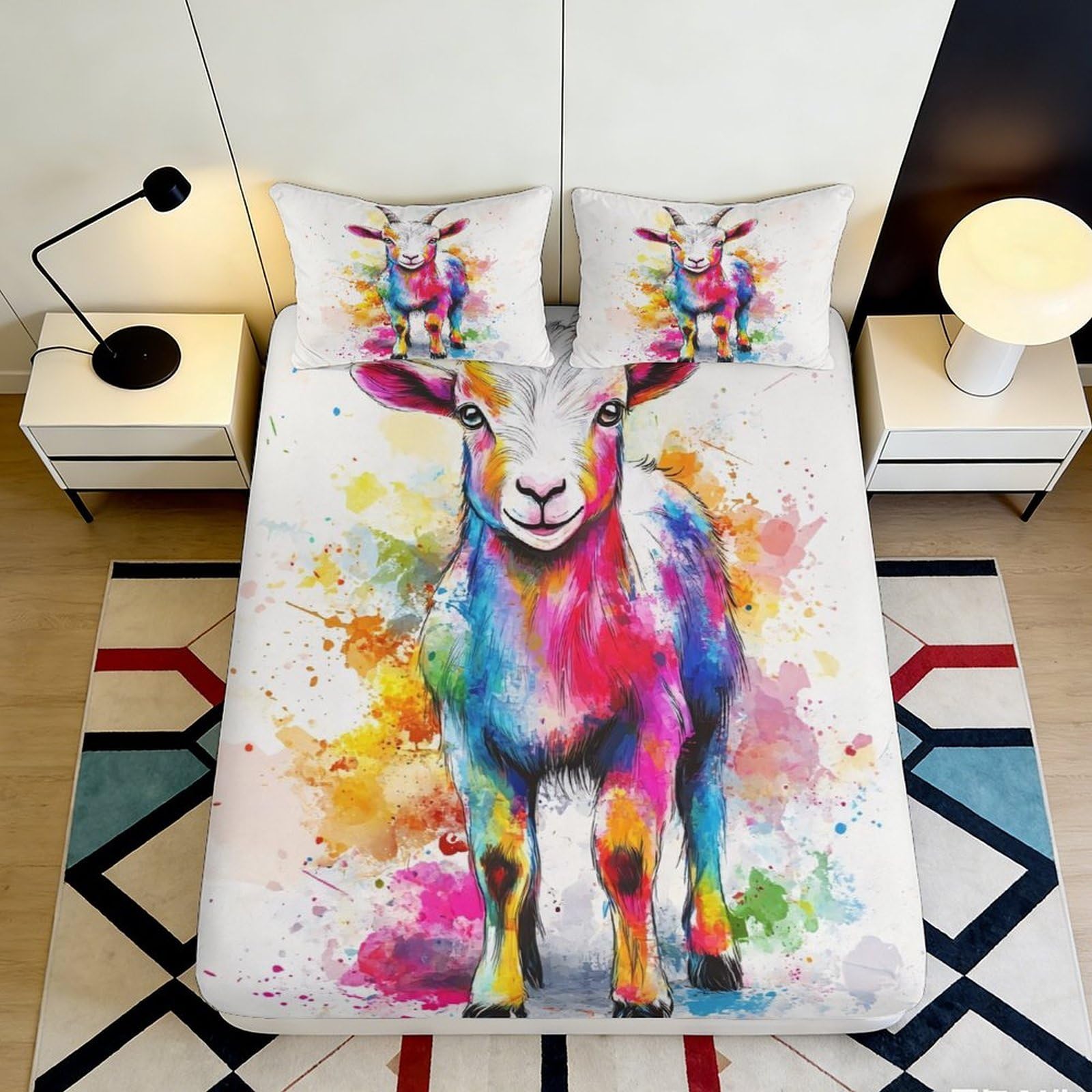 3D Printed Colorful Deer Fitted Sheet Microfiber Soft Artistic Rainbow Animal Bed Cover for Bedroom Guest Room Dorm Mattress Protection 90x200x25cm