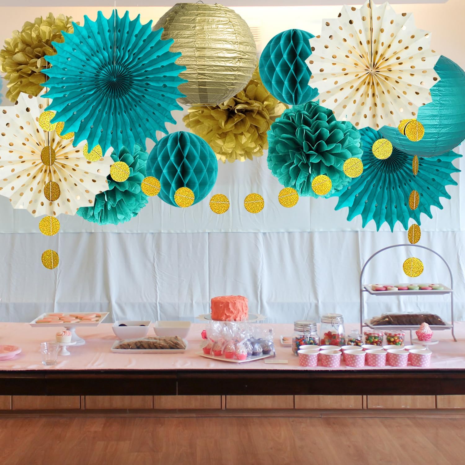 Teal Blue and Gold Party Decoration Tissue Pom Poms Flowers Hanging Paper Fans Lanterns Circle Dot Garland for Teal Gold Wedding Bridal Shower Engagement Women Birthday Turquoise Party Decorations