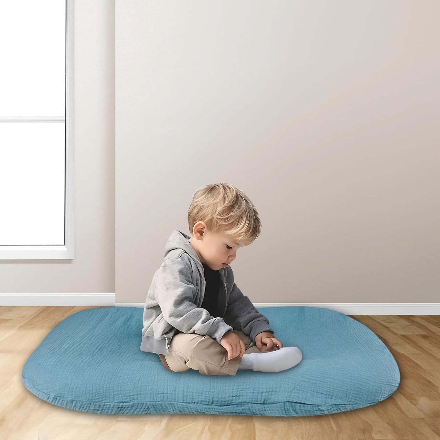 Hooyax Muslin Lounger Cover, Organic Cotton Removable Slipcover for Toddler & Infant, Padded Floor Seat Cover for Boys & Girls, Large Size 37 x 21 Inch, Blue