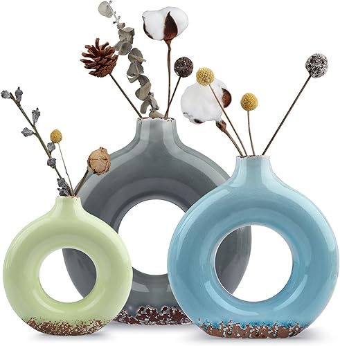 HAYHOI 3 jarrones de cerámica para decoración del hogar, jarrón decorativo redondo rústico para mesa, centros de mesa, granja, decoración de sala de