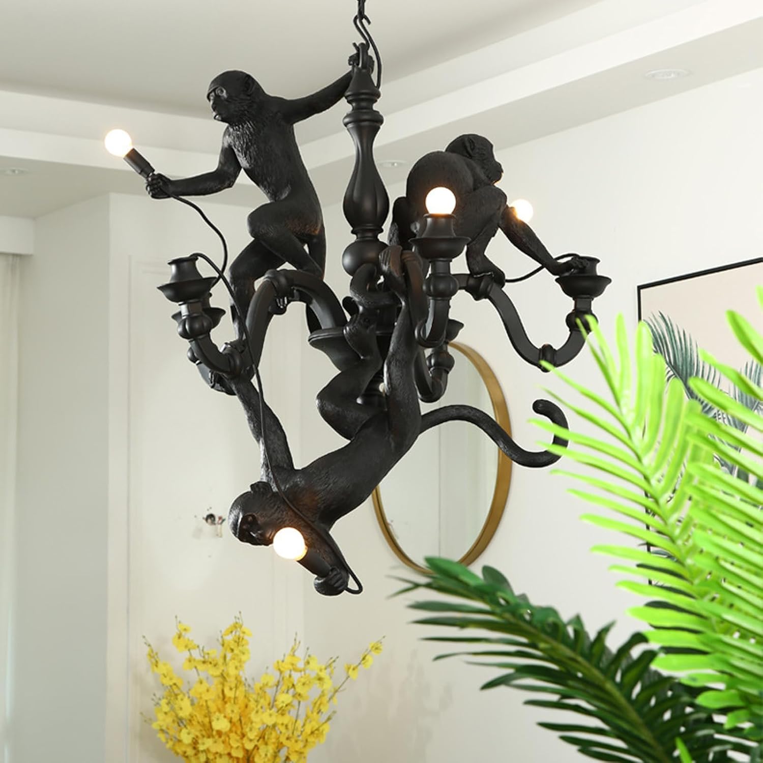 5-Lights Three Monkeys Chandelier Lighting Modern Art Resin Black Monkey Hanging Lamps for Living Room Villa Hall Lobby Bar, Large Animal Decor Light Fixture (Black Monkeys lamp)
