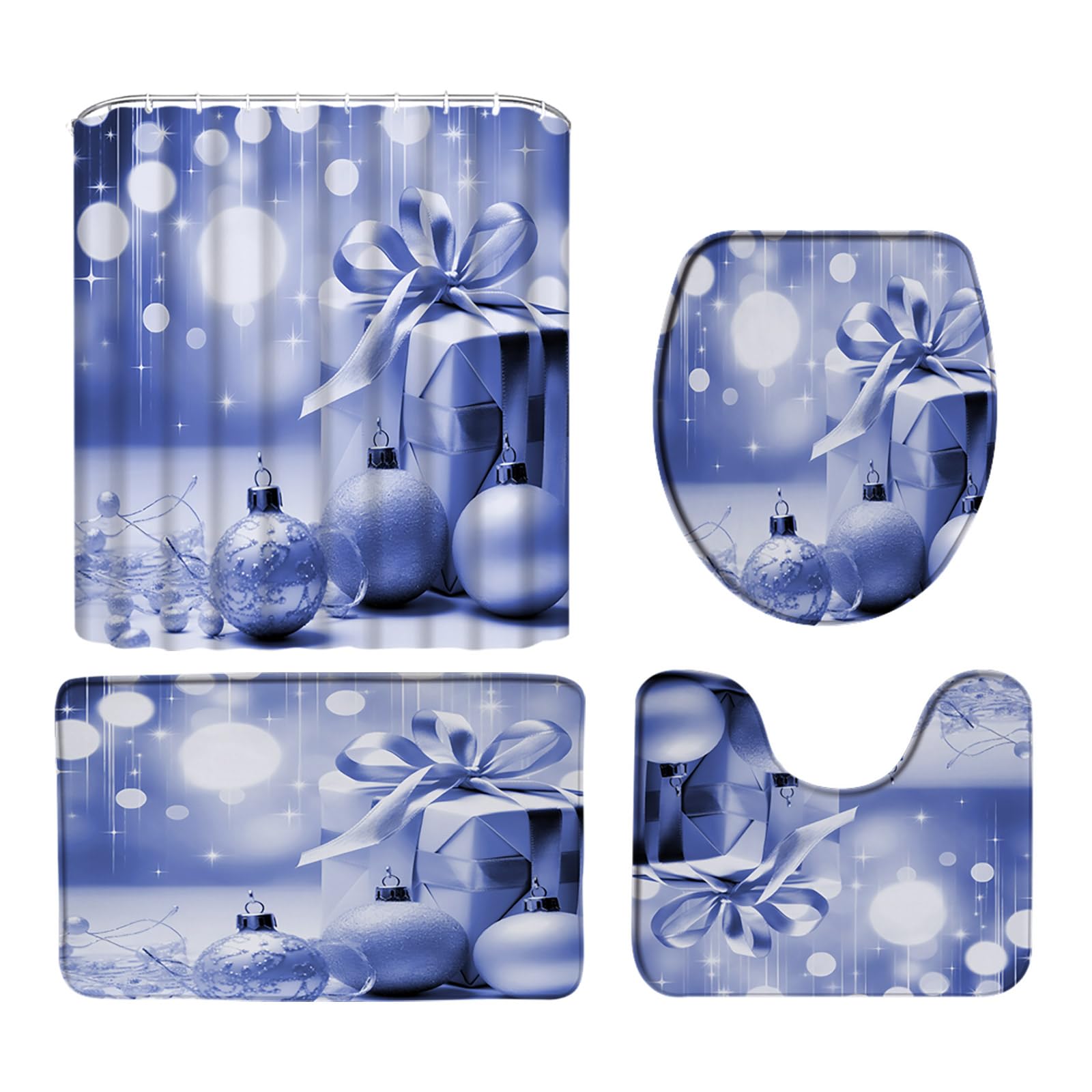 Ensemble de 4 Rideaux de Douche Joyeux Noël avec Tapis, Housse d'abattant de Toilette et Tapis, Ensemble de Rideaux de Douche de Salle de Bain avec Crochets et Boules de Noël et Bonne année