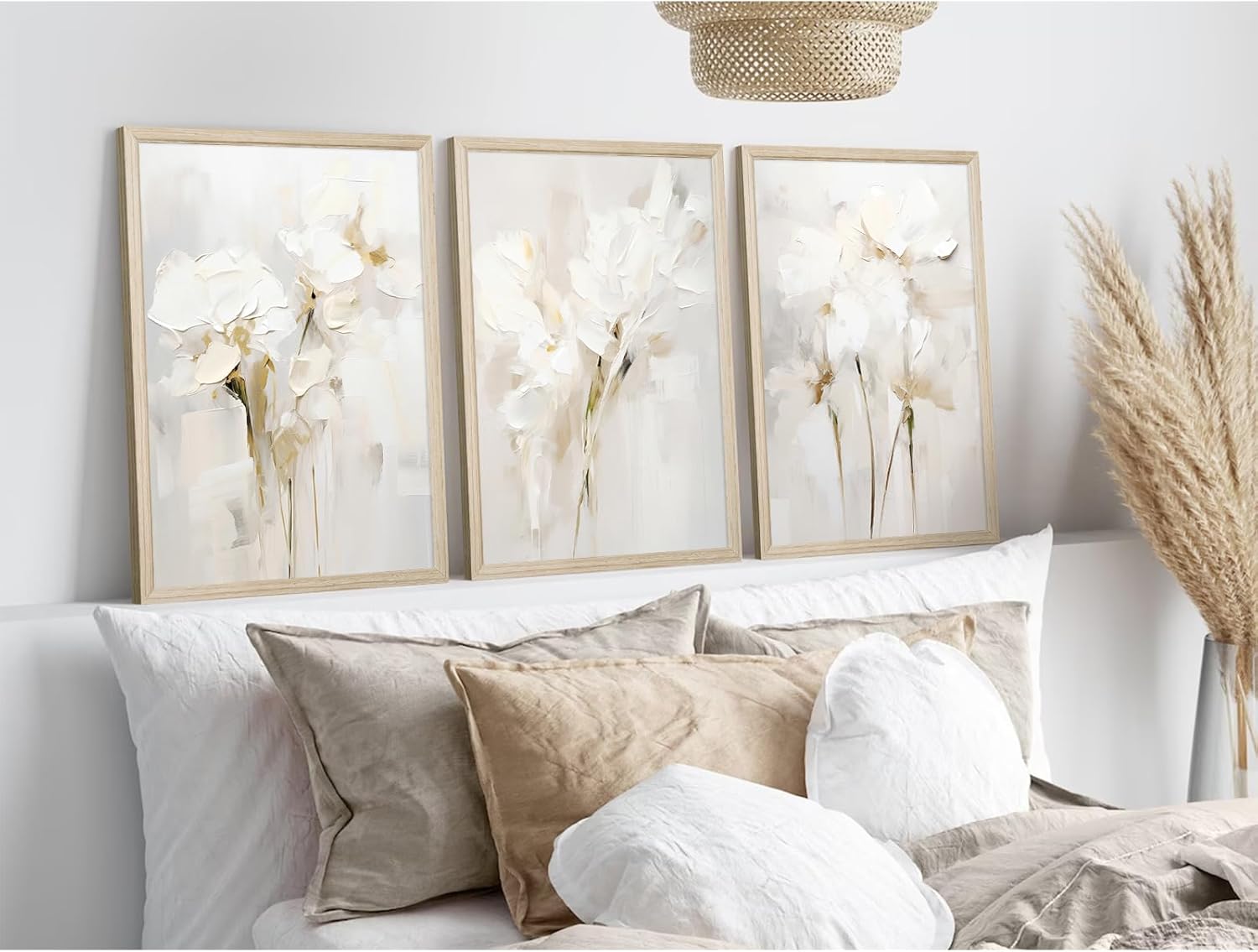 Neutral Wall Art Abstract Floral Canvas Pictures Beige Flower Wall Decor Modern Painting Minimalist Poster Abstract Botanical Prints White Artwork for Bedroom Living Room 12x16x3 Inch Wood Framed
