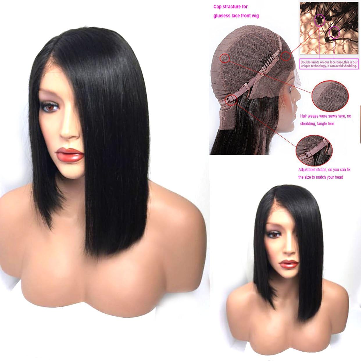 MGRBTF Glueless Short Lace Front Wigs with Side Part Virgin Peruvian Human Hair Straight Bob Wig with Baby Hair for Black Women (12 inches)