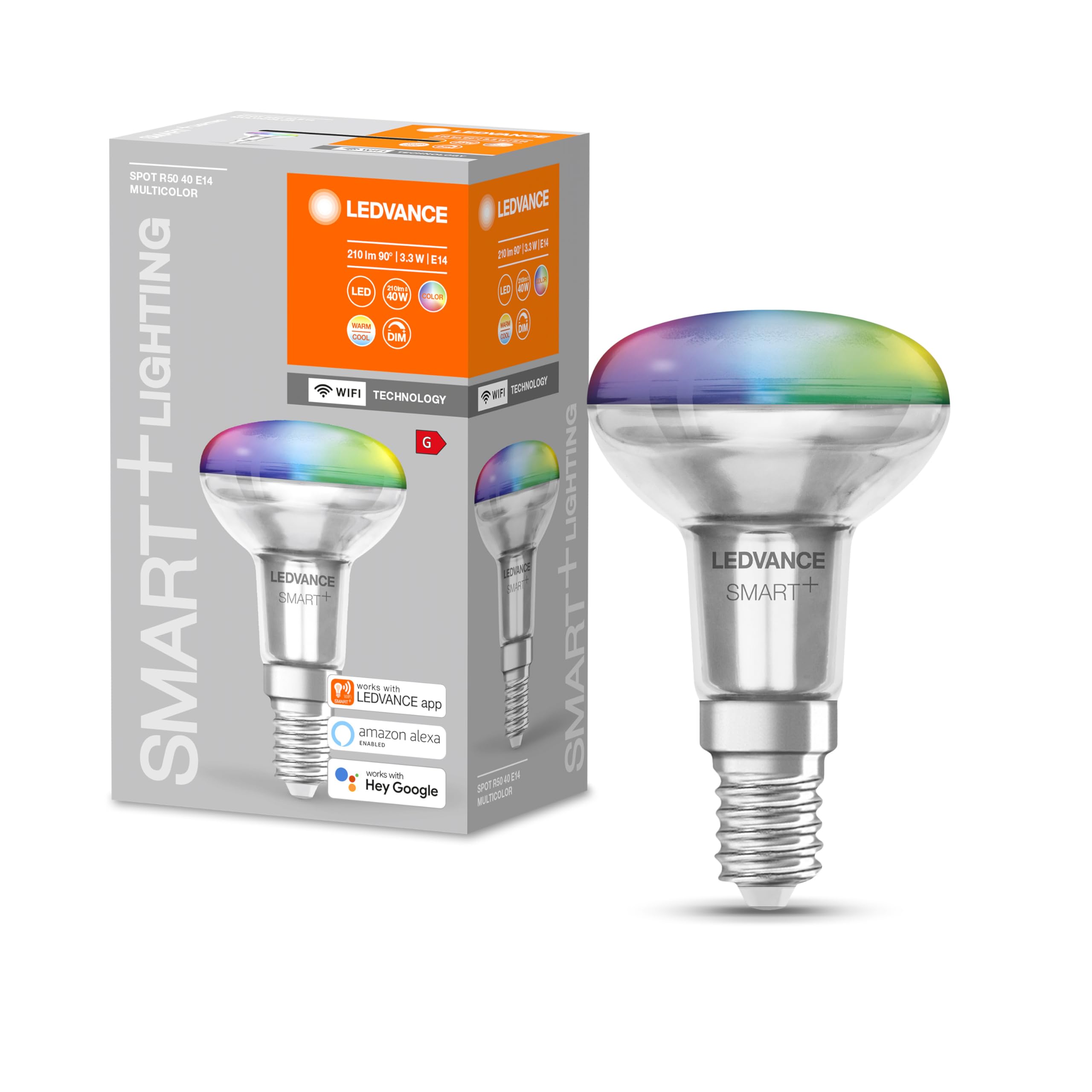 LEDVANCE Smart LED R50 spot lamp with WiFi Technology, E14, RGB Colours & Light Colour Changeable, controllable with Alexa, Google & App, 1 Pack