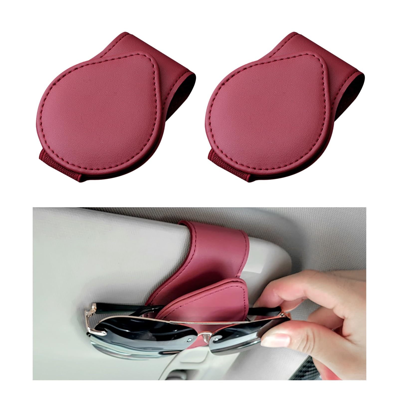 2-Pack Magnetic Car Sunglasses Holder - Universal PU Leather Clip For Sun Visor, Holds Glasses & Cards (Red) 1 thumbnail image