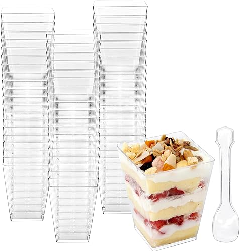 Colovis Tazas de postre, 60 tazas de plástico transparente de 5 onzas con cucharas, tazas cuadradas de postre para fiestas, eventos, catering (60)