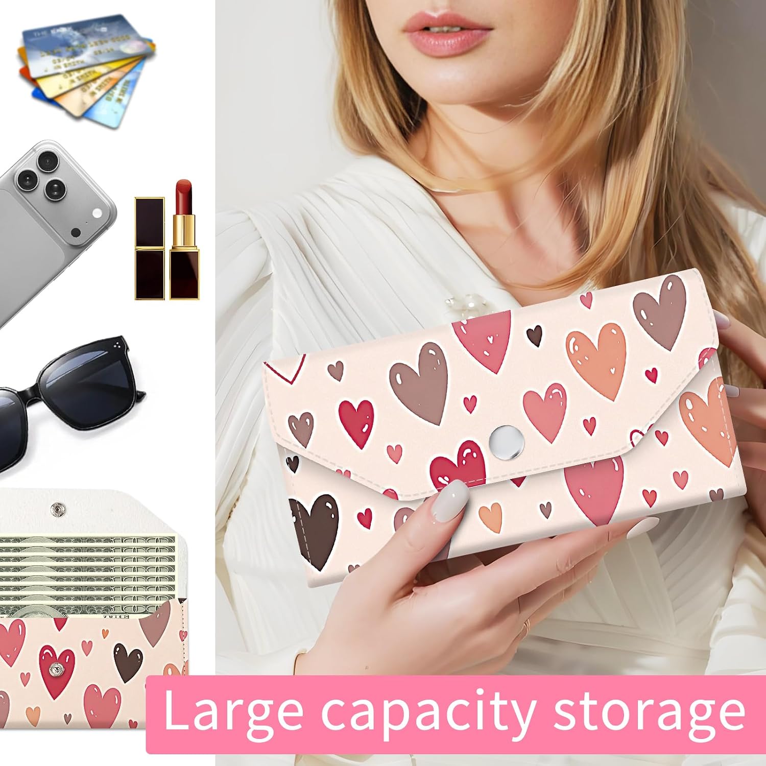 Cash Envelope Wallet for Budgeting, PU Leather Cute Cash Pouch with 4 Cash Dividers & 1 Category Stickers, Reusable Money Holder for Men and Women Colorful Heart Scatter image 2