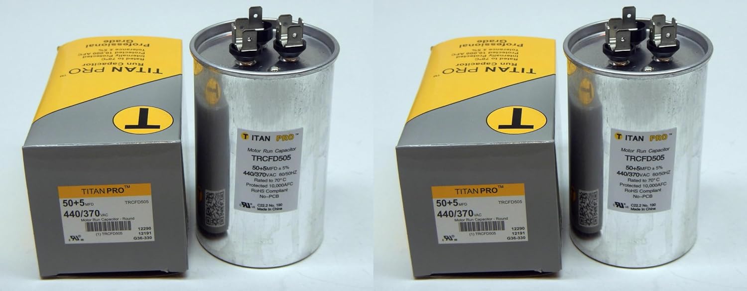 Generic 2 Pack Titan Pro TRCFD505 50/5 MFD 50 + 5 HVAC Round Dual Motor Run Capacitor 50/5 MFD/UF440/370 Volts for Central AIR CONDITIONERS A/C Packard