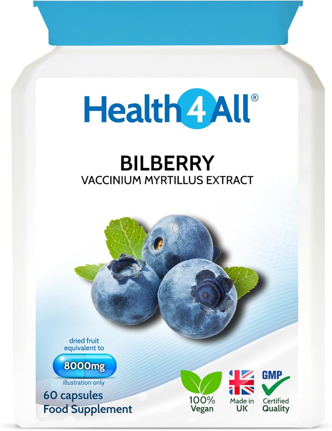 Health4All Bilberry Extract 8,000mg per Capsule, 60 Capsules 2 Months Supply, Pure High Strength Bilberry Eye Supplement, Antioxidant for Eye Health with Anthocyanidins, Easy to Swallow | Made in UK