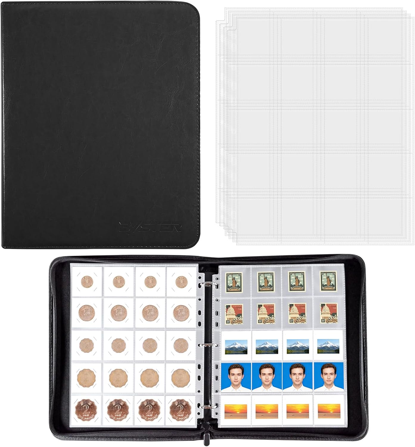 BYSTER Coin Collection Book, 30 Pack 600 Pockets Coin Sleeves, Faux Leather Coin Collection Holder Album, Coin Collection Organizer Storage Box Case (Coin Flips Not Included), Black