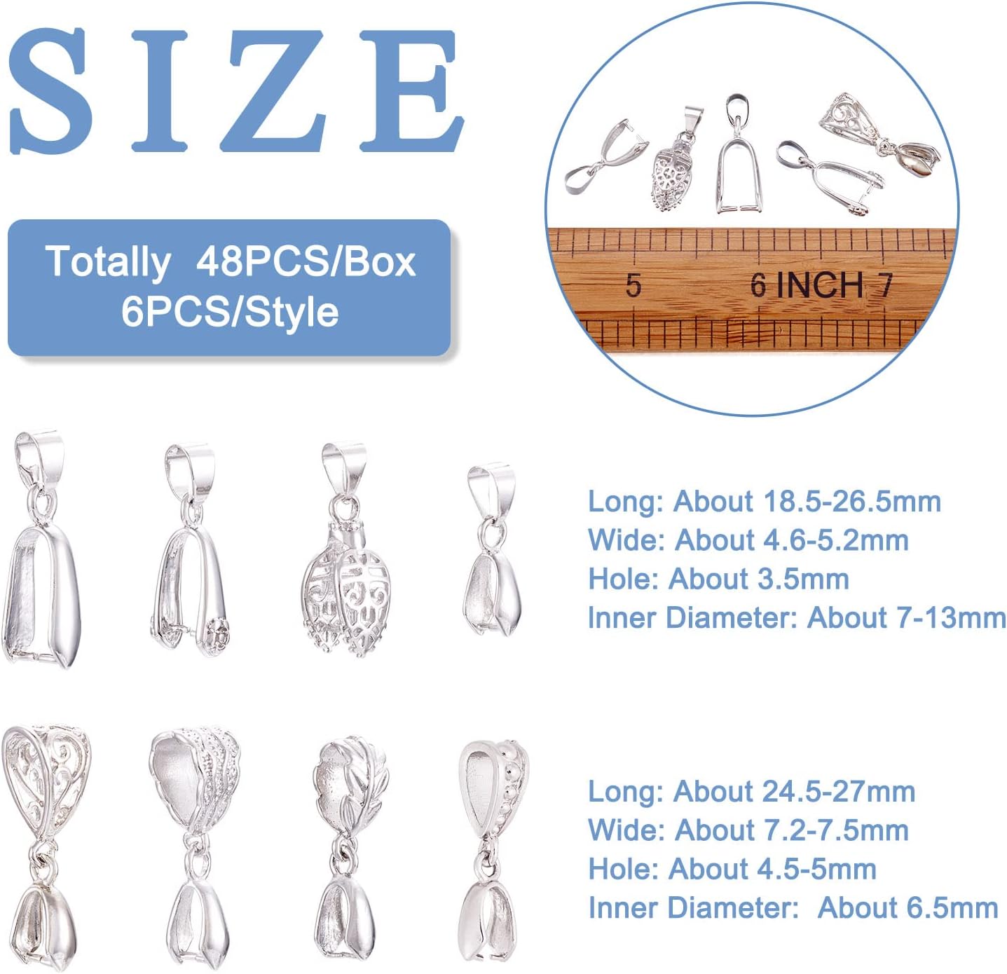 Craftdady 48pcs/Box Pinch Clip Bail Clasps Pendants Silver Connector Bead Hanger Links for Drilled Stone Dangle Charm Jewelry Making, 8 Styles - Image 3