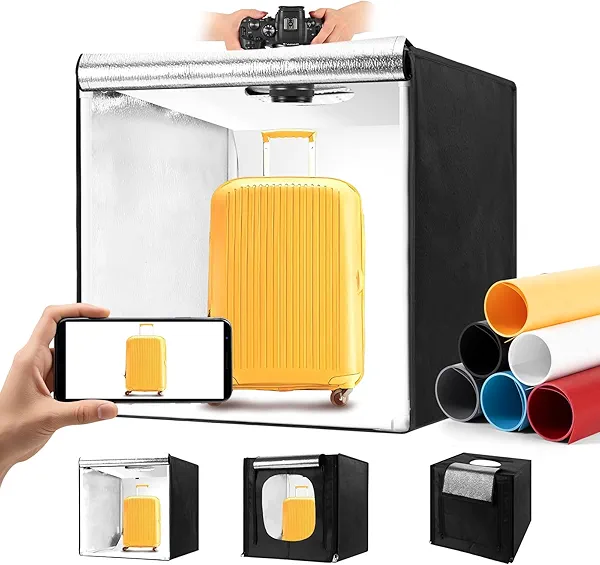 Photo Light Box, Portable 12/16/20/24/32 Inch Photo Studio Light Box, Shooting Tent Kit with 297 Light Beads and 6 Color Backdrops.Lightbox with 3 Stepless Dimming Light Boards for Studio Photography