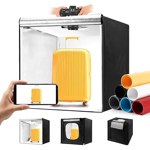 Photo Light Box, Portable 12/16/20/24/32 Inch Photo Studio Light Box, Shooting Tent Kit with 297 Light Beads and 6 Color Backdrops.Lightbox with 3 Stepless Dimming Light Boards for Studio Photography - 24" x 24"