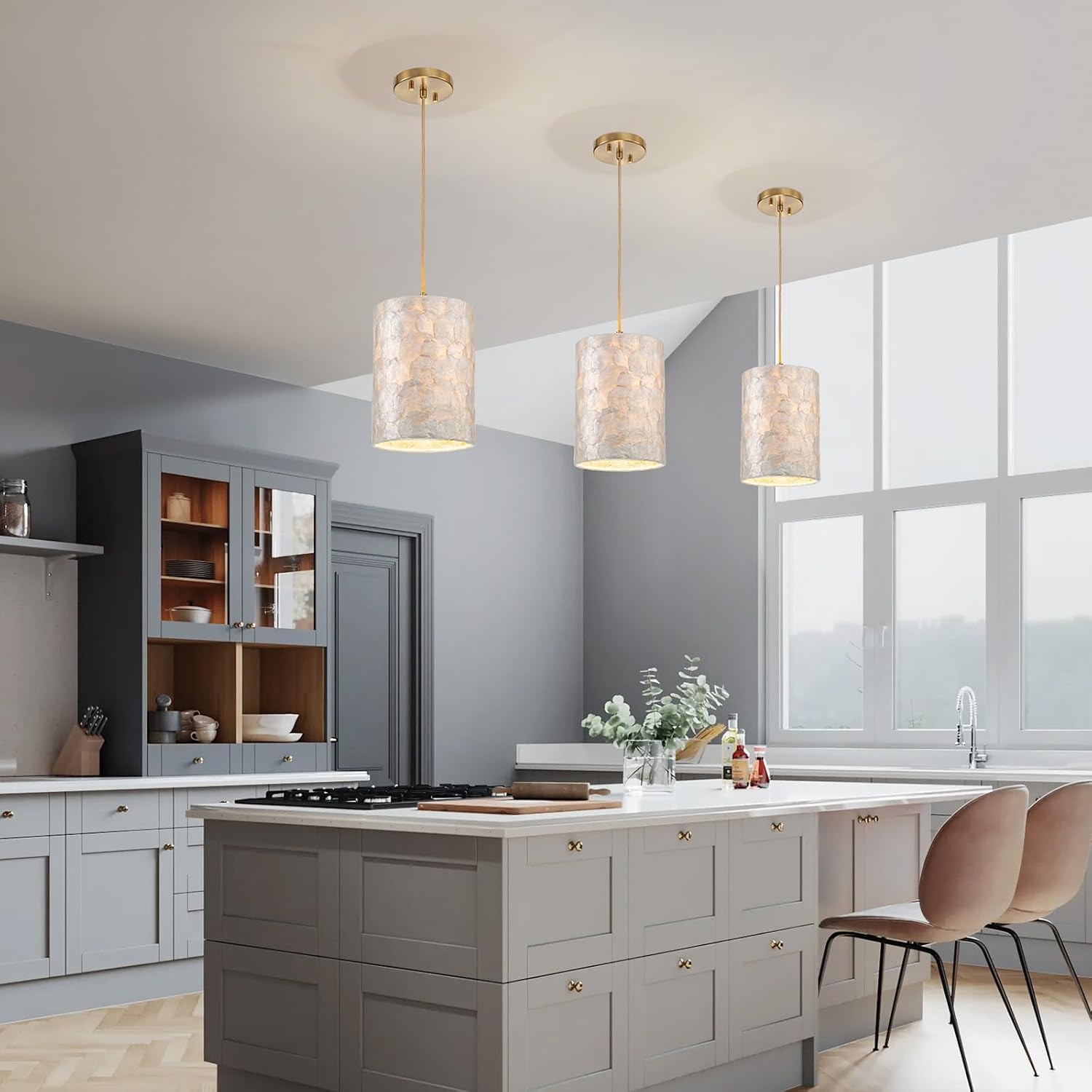 D7inch 1-Light Capiz Shell Chandelier, Coastal Design Pendant Light Fixture for Dining Room, Living Room, Kitchen Island, D7 x H18~66"(Adjustable Height), Shell Lampshade & Gold Finish Frame