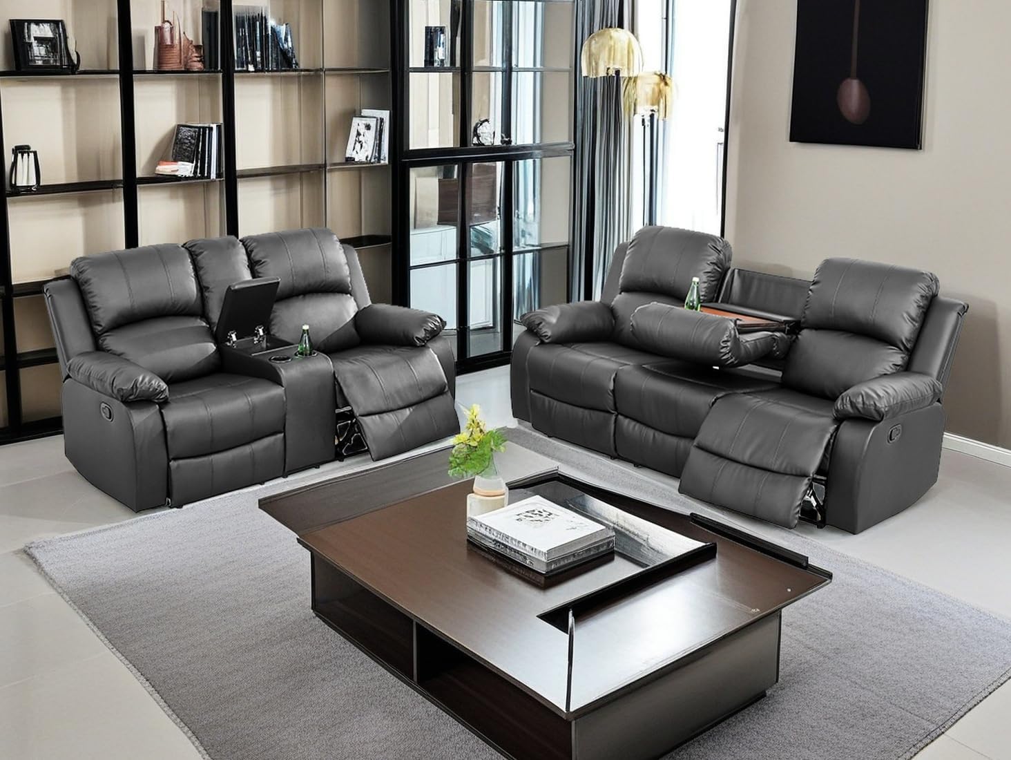2PCS Black Recliner Sofa Set Living Room Furniture Sets Manual Reclining Couch Set Vegan Leather Loveseat and Sofa Set with Cup Holders/Storage Console for Home/Office (j-Black, Sofa+Loveseat)