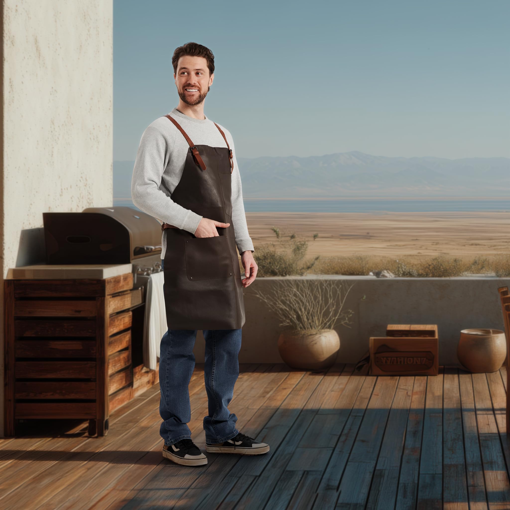 Theodore Tablier en Cuir avec Design Croisé - Confortable, 3 Poches, Sangles Réglables - Idéal Travail du Bois, Barbecue, Unisexe
