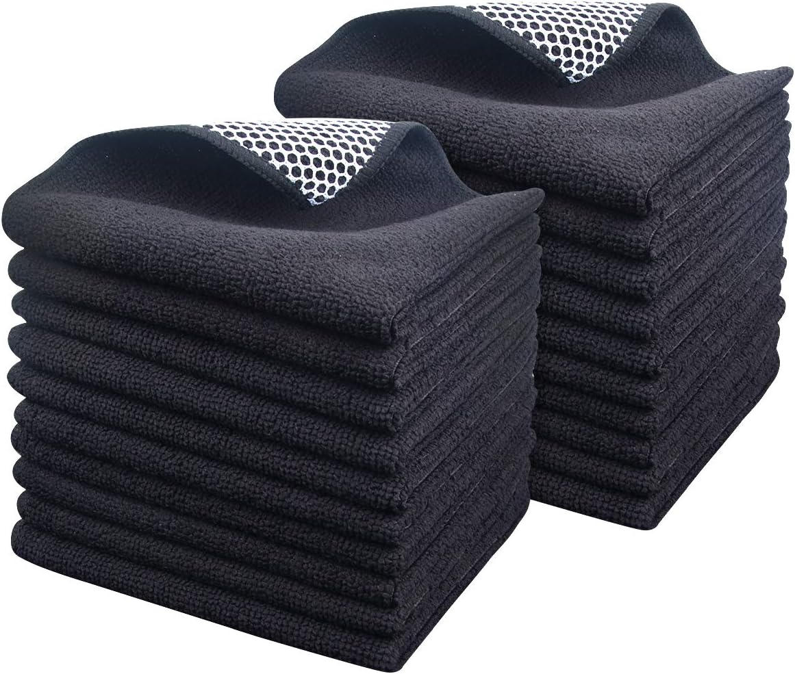 SINLAND Microfiber Dish Cloth Kitchen Cleaning Dish Towel Absorbent Fast Dry Streak Free Cleaning Cloths Poly Scour Side for House, Kitchen 12 Inch x 12 Inch 20 Pack Black