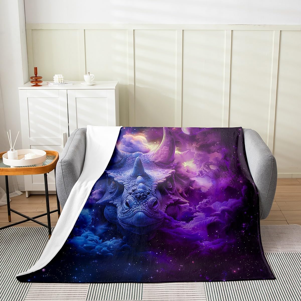 Erosebridal Triceratops Throw Blanket Funny Triceratops Fleece Blanket Queen 90X90 Purple Blue Smoke Fuzzy Blanket Mystical Galaxy Sky Bed Blanket Ancient Creatures Blanket