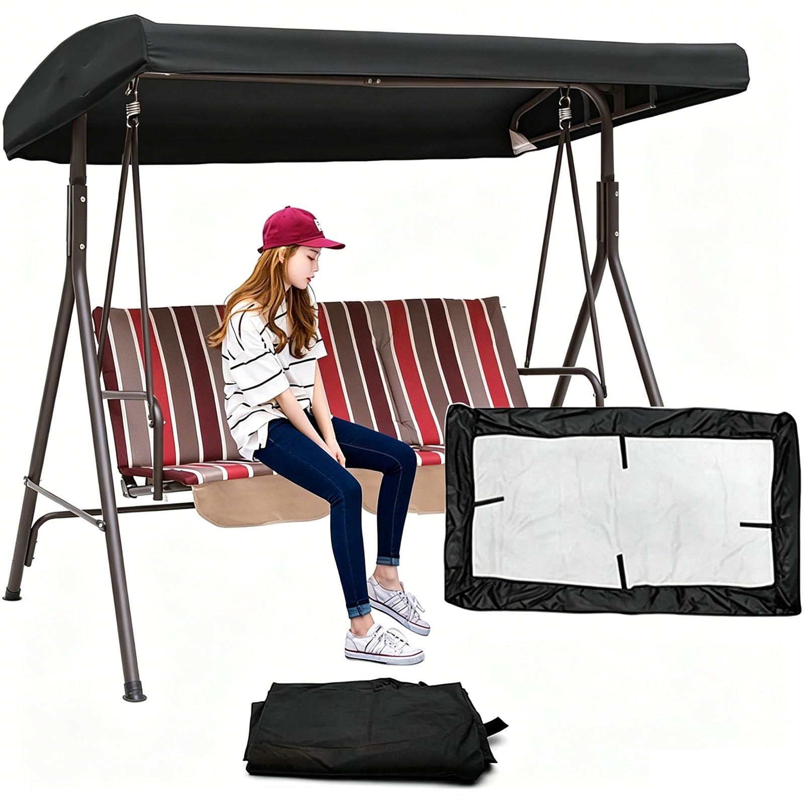 Zhoudong Swing Seat Canopy Cover, Replacement Patio 2/3 Seater Swing Canopy Top for Garden Hammock Chair, Replacement Top Covers, UV Protection Waterproof(Black,77"x49")