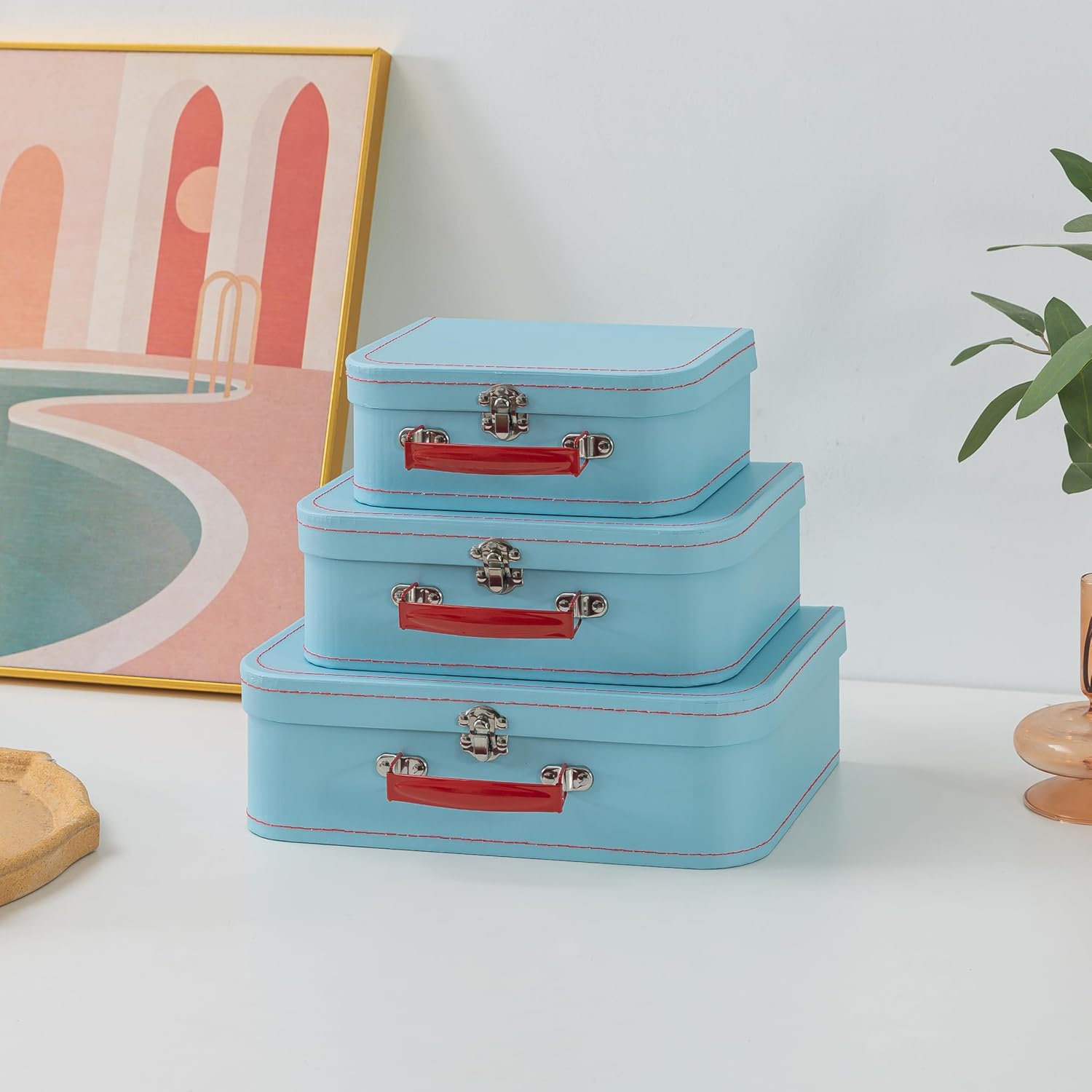 SLPR Paperboard Suitcases Set of 3, Light Blue - Vintage Cardboard Suitcase Decor, Nesting Luggage Decorative Mache Boxes with Hinged Lids and Brass Handles, Mini Suitcases for Centerpieces - Image 3