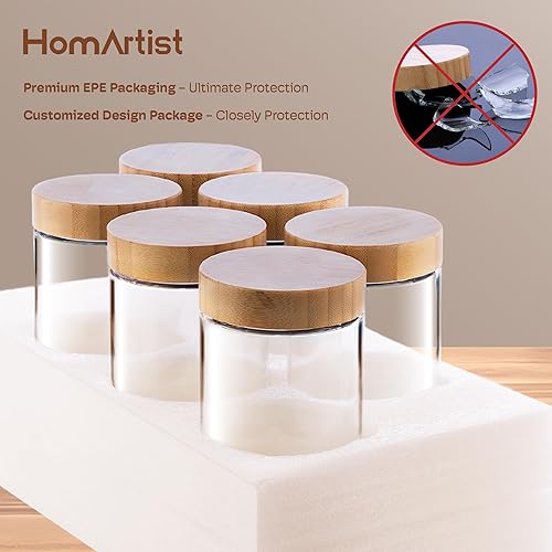 Miniatura 7 de Paquete de 6 recipientes de avena de 10 onzas con tapas de bambú, tarros de vidrio con tapas herméticas para preparación de comidas, tarros de