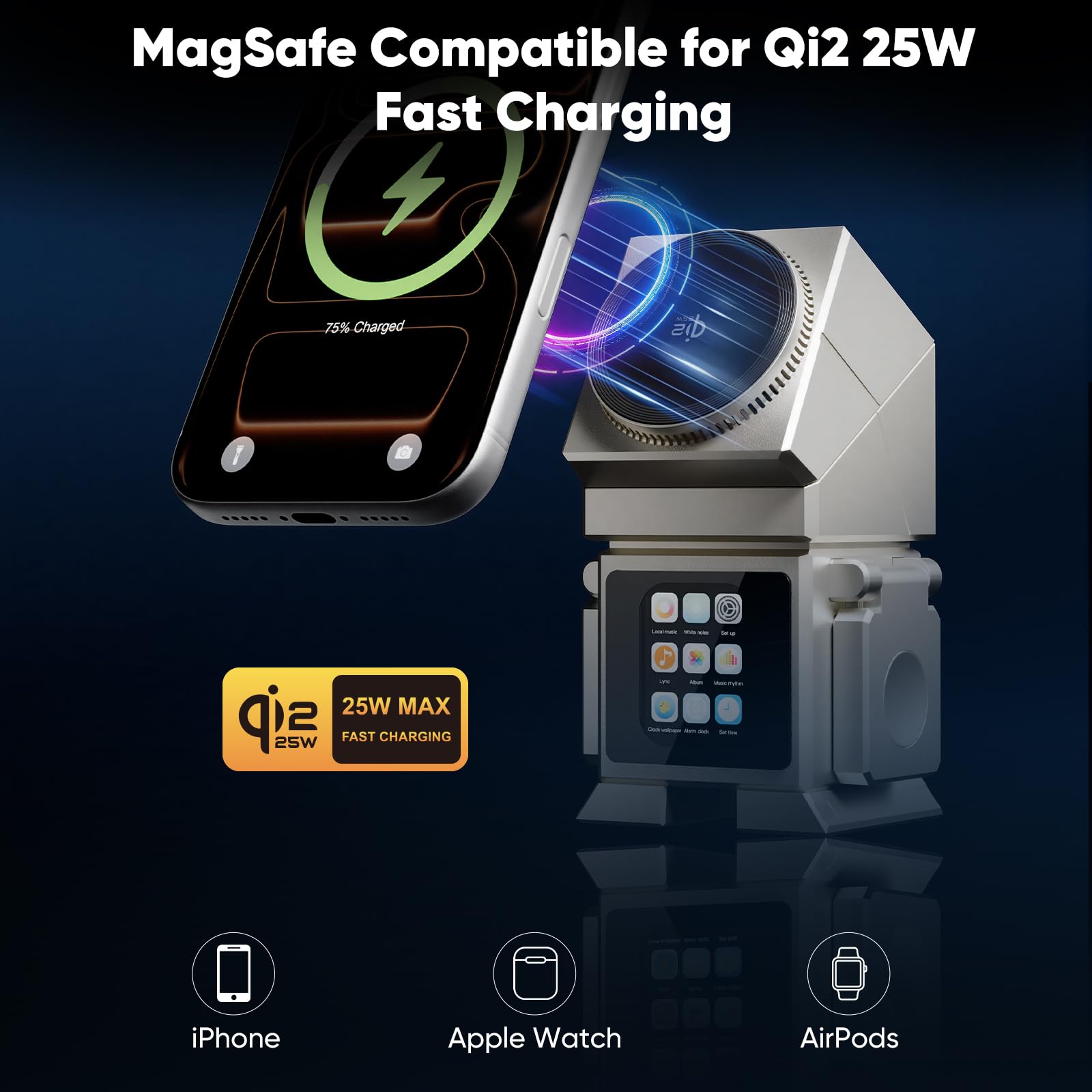 Robotic Station de charge sans fil 3 en 1 pour iPhone avec écran tactile LCD, haut-parleur Bluetooth, réveil, Qi2 25 W magnétique rotatif pour iPhone iWatch AirPods, adaptateur 45 W inclus, argenté