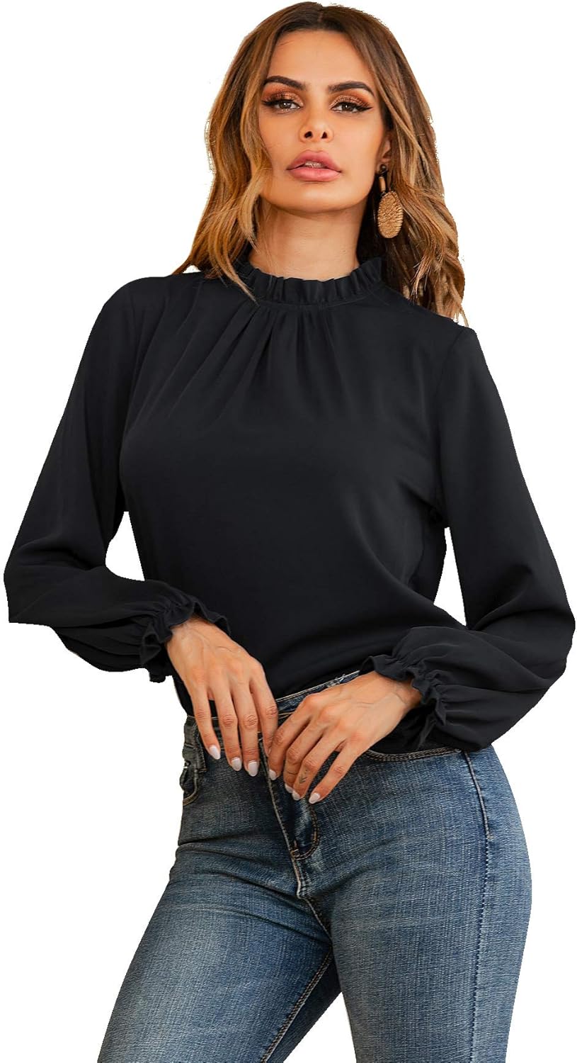 LYANER Women's Frill Mock Neck Flounce Long Sleeve Solid Blouse Office Shirt Top - Image 3