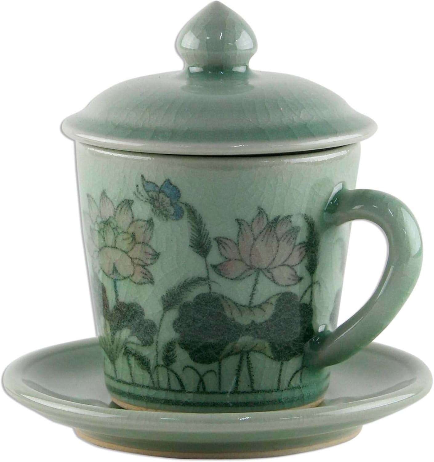 NOVICA Artisan Handmade Celadon Ceramic Cup Saucer Glazed Floral from Thailand Green Tableware Dinnerware Mugs Cups Animal Themed Butterfly [cups 4.7in H x 4.3in W x 3.7in D 5 Oz. Saucers 0.7in H x 5]
