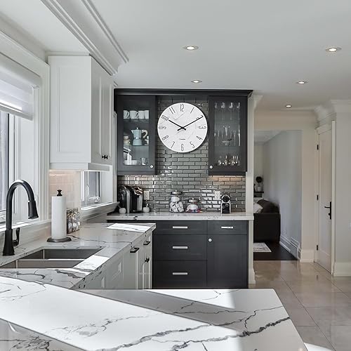 Miniatura 5 de Reloj de pared de 16 pulgadas, funciona con pilas, silencioso, mármol blanco, decoración moderna de granja, reloj de cristal impermeable para