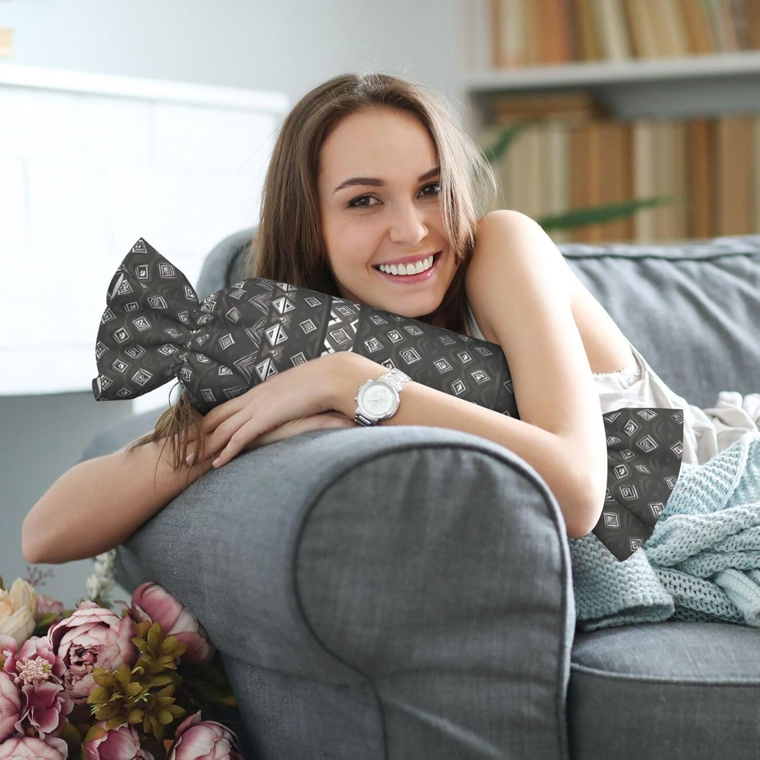 Grey Tribal Print Candy Cylindrical Eco-Friendly Pillow Soft Velvet Living Room Bedroom Travel Decor