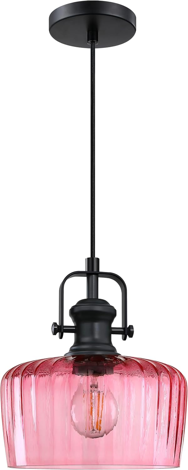 Leading Lighting 1 Light Pendant Light Hanging Modern Farmhouse Indoor Fixture 9" Pink Textured Glass Black Finish Dinning Over Sink Kitchen Island