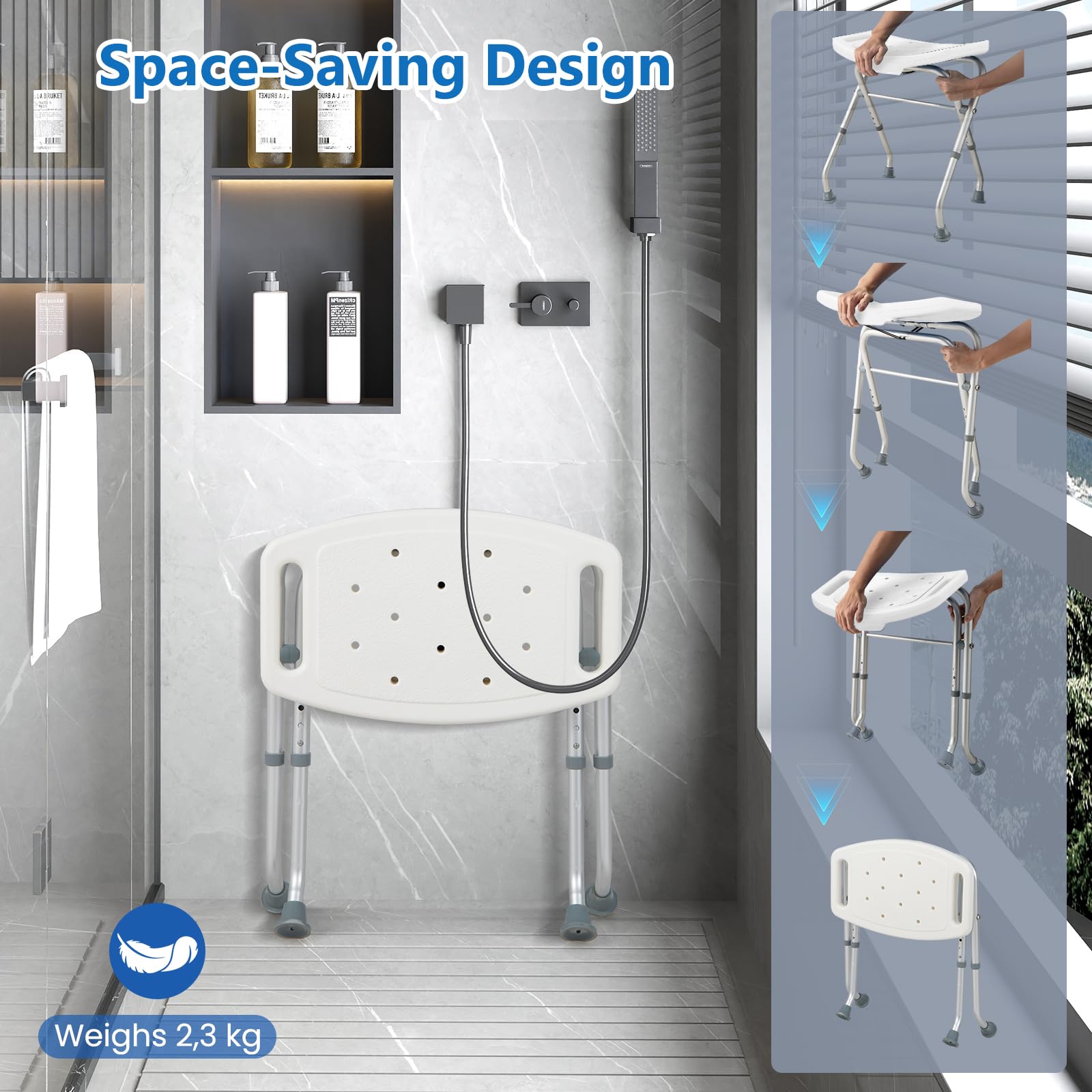 HOMASIS Taburete de Ducha Antideslizante Plegable en Altura de 3 Niveles, Taburete de Baño de Pie con Asiento en Forma de U, para Mayores, Discapacitados, Capacidad de 150 KG (Blanco y Gris)