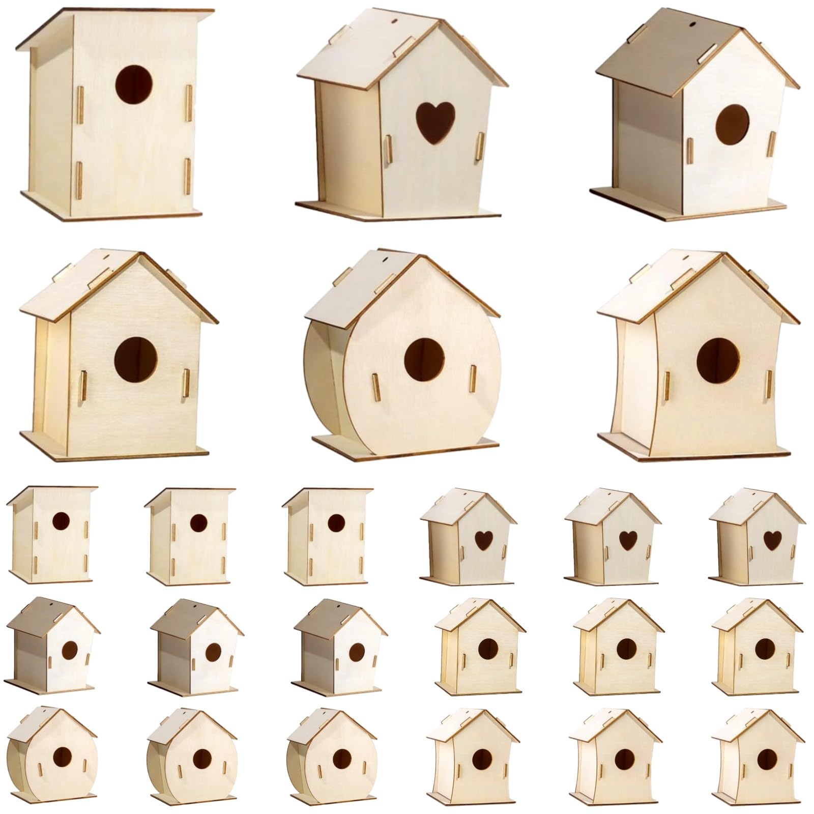 Kosveril 24 Stk. Vogelhaus-Bausätze zum Bemalen, verschiedene Holzformen, vorgestanzte Teile für saisonale Bastelprojekte, kreative Kunstaktivität für Partys, Schulen und Klassenräume