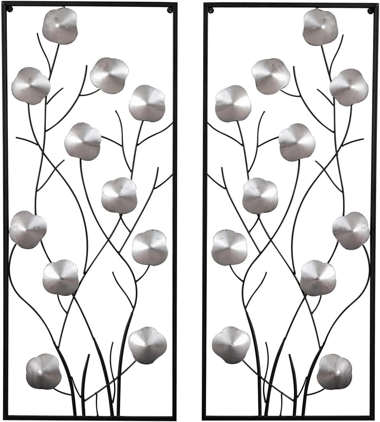 Metal Floral Wall Decor, Metal Wall Art Set of 2, Tall Cutout Wall Sculpture with Black Frame, Modern Wall Hanging Decoration for Home Bedroom Living Room Study Office, 14.6”L x 35.4”H, Sliver 2pcs-Sliver Leaves-14.6“W-35.4"H
