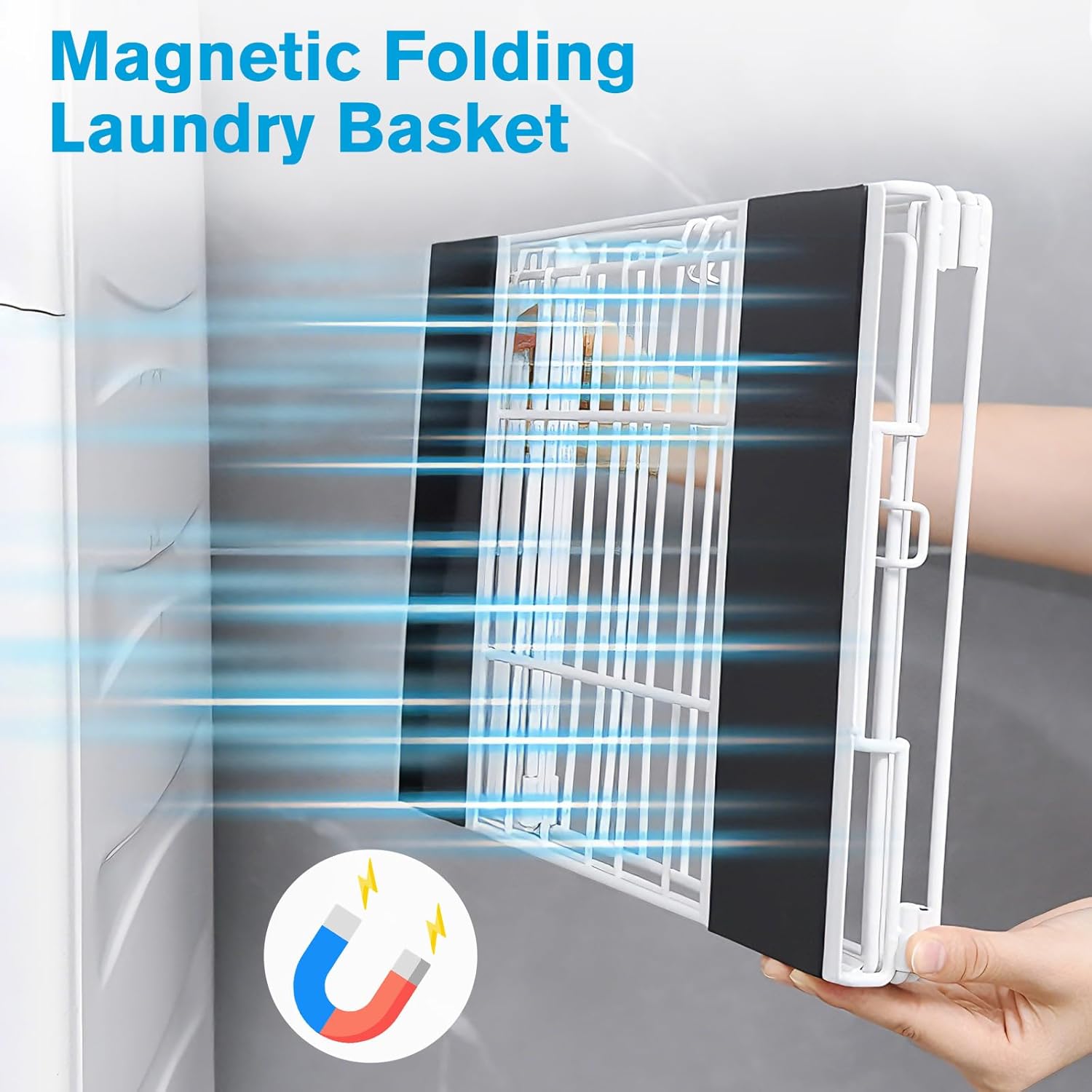 Magnetic Collapsible Laundry Basket, Foldable Metal Laundry Hamper for Washing Machine Side, Space Saving Pop Up Hamper, Laundry Room Organization and Storage (White)