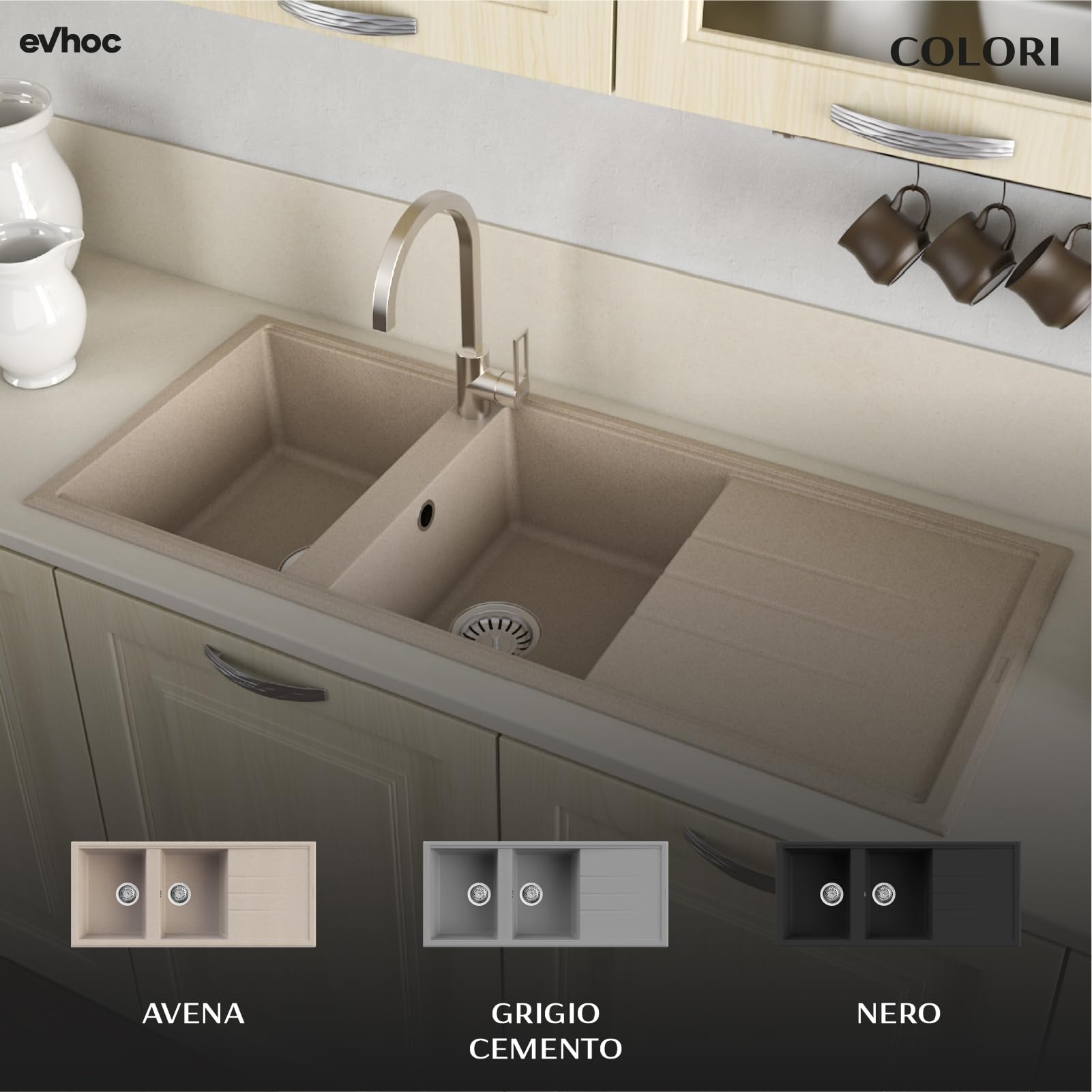 EVHOC Lavello Sopratop 116x50 cm, 2 Vasche con Gocciolatoio, Lavandino Reversibile per Cucina, Piletta Inclusa, Made in Italy, Avena, ADHOC L