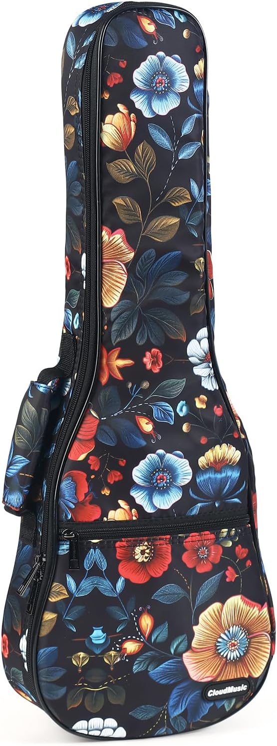 CloudMusic Ukulele Case Gig Bag Padded Backpack For Soprano 21" Inch(Soprano, Colourful Flowers In Black)