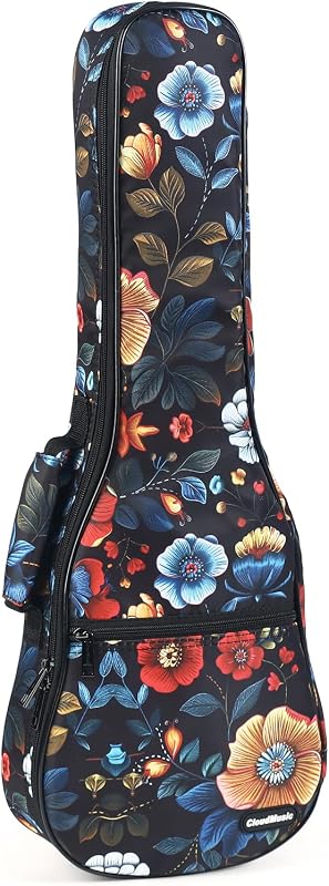 Ukulele Case Gig Bag, Soprano 21", Colourful Flowers In Black | Padded, Backpack