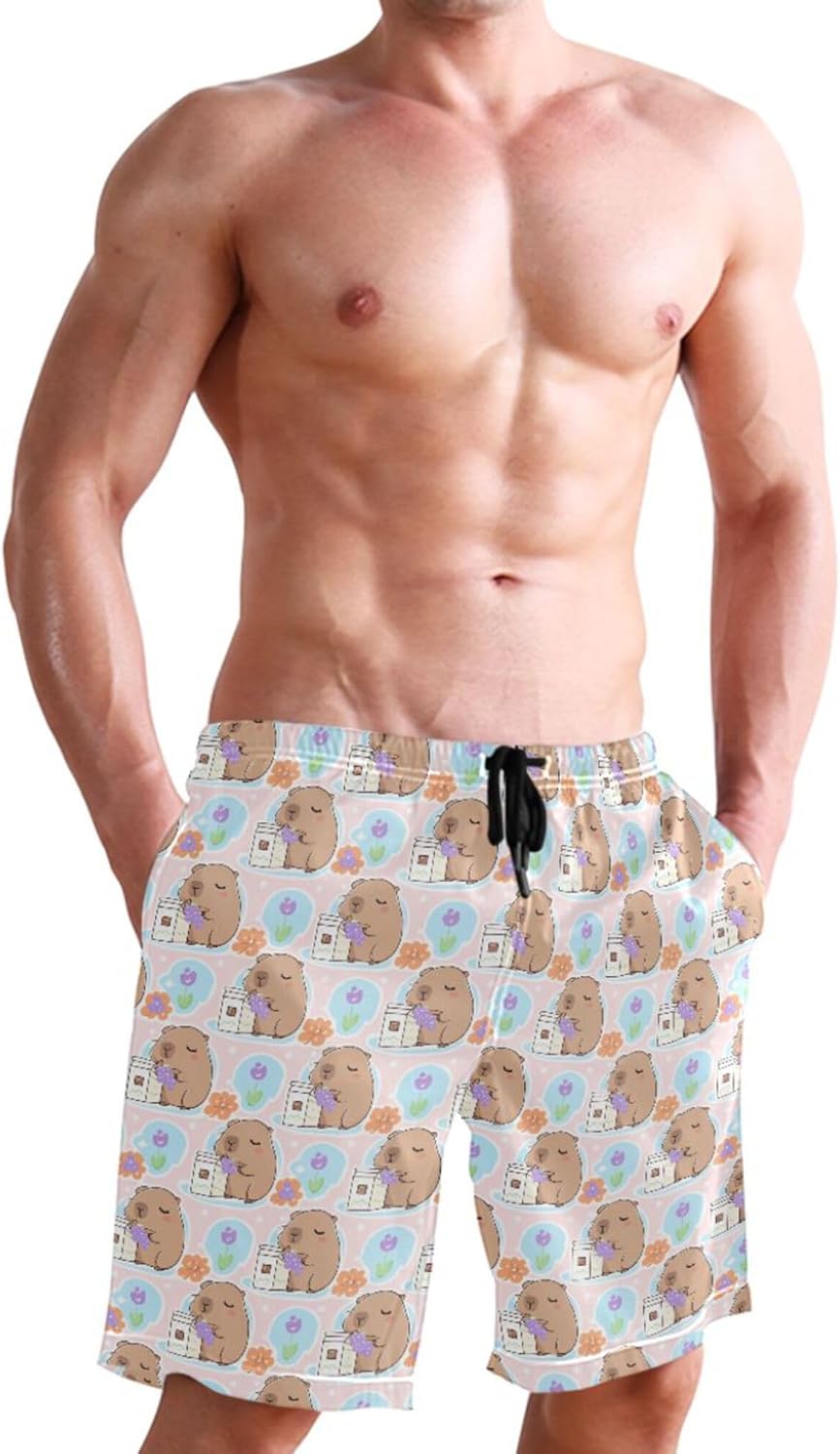 Capybara Men's Novelty Beach Shorts Swim Trunks Quick Dry Men Casual Board Shorts with Pockets L