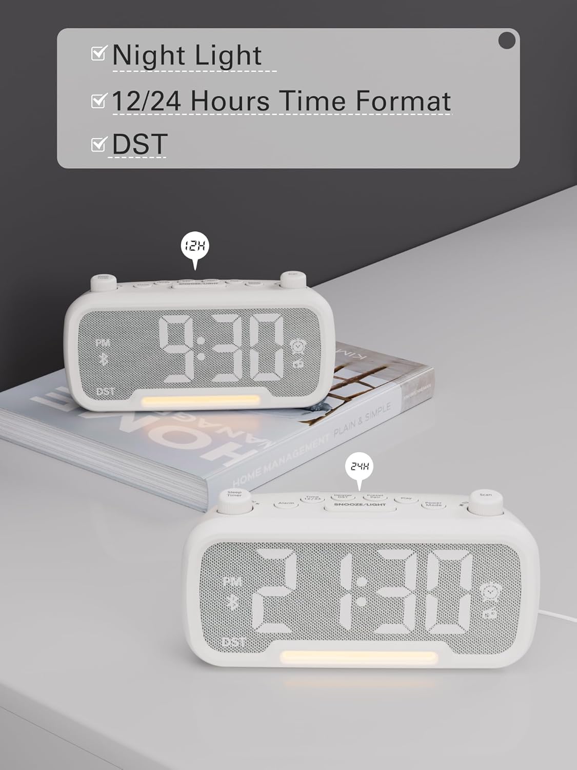 Mesqool Alarm Clock showing 12-hour and 24-hour time formats, along with DST indicator.