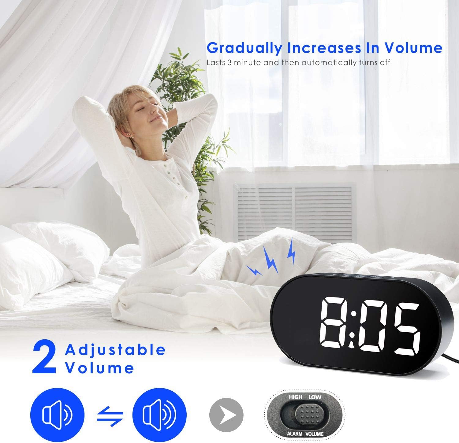A person waking up to an alarm clock set to 8:05. The image highlights '2 Adjustable Volume' with high and low settings for the alarm volume slider on the back of the clock.