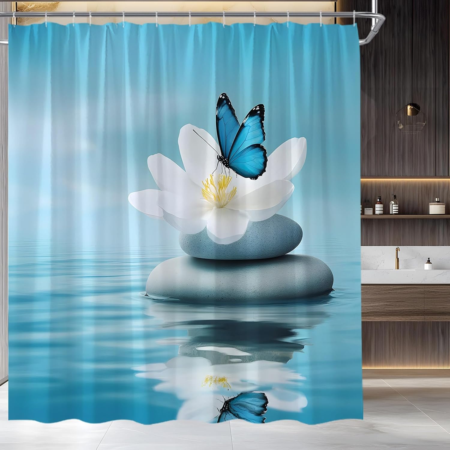 Zen Butterfly Shower Curtain Blue Butterfly Flower Spa Stone Reflection in Water Relax Home Fabric Bathroom Decor Set Include Hooks,(70" Wx74.8 H)