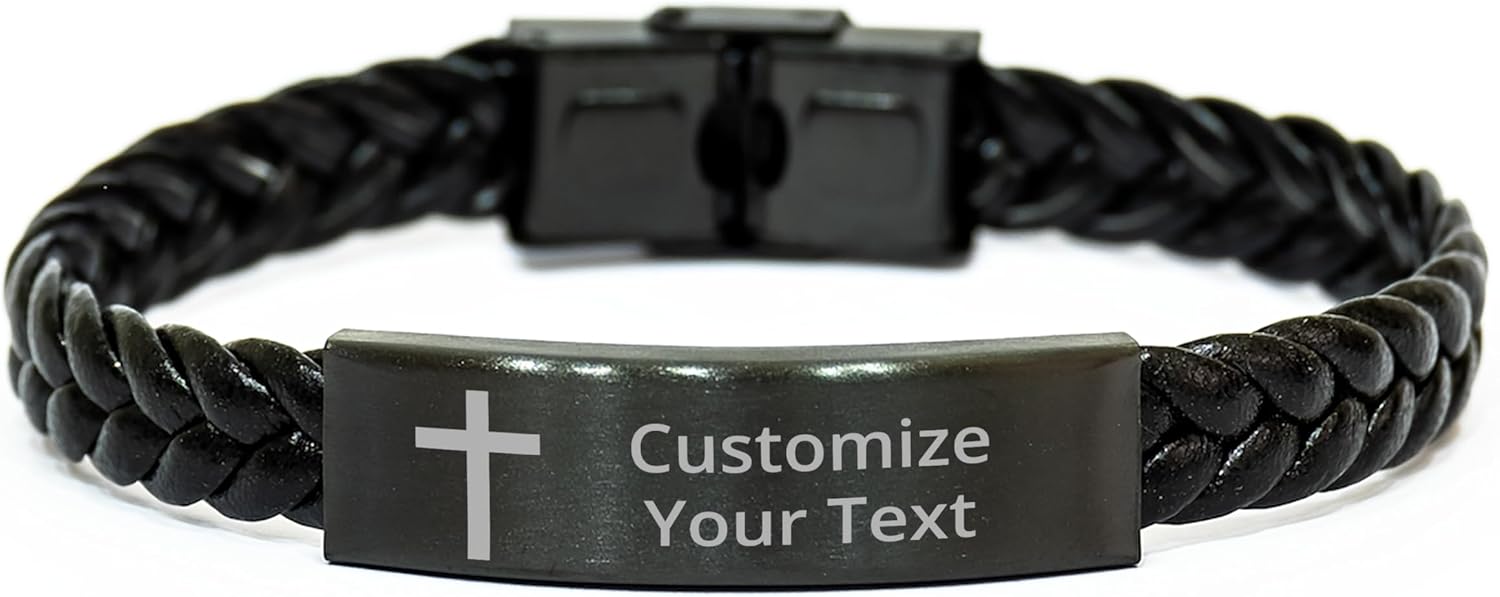 Personalized Christian Bible Verses Braided Leather Bracelet Inspirational Scripture ID Cross Religious Quote Faith God Engraved Adjustable Customized Gifts for Men Women Kiss Him Husband Father