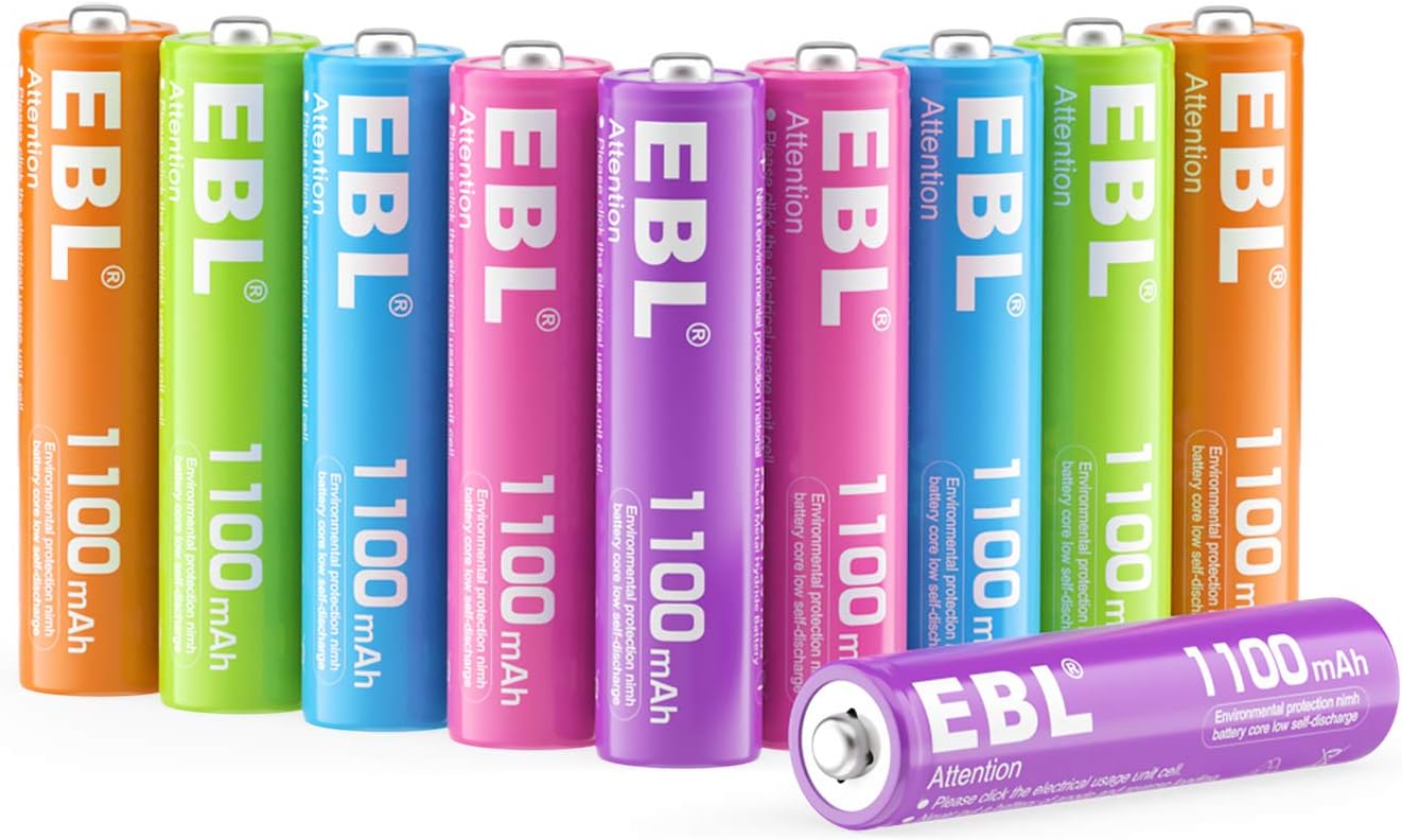 EBL Rechargeable AAA Batteries 10 Pack High Capacity 1100mAh (10 Pack- 2 * 5 Color in One Box) 1.2V Ni-Mh Triple AAA Battery ProCyco Technology