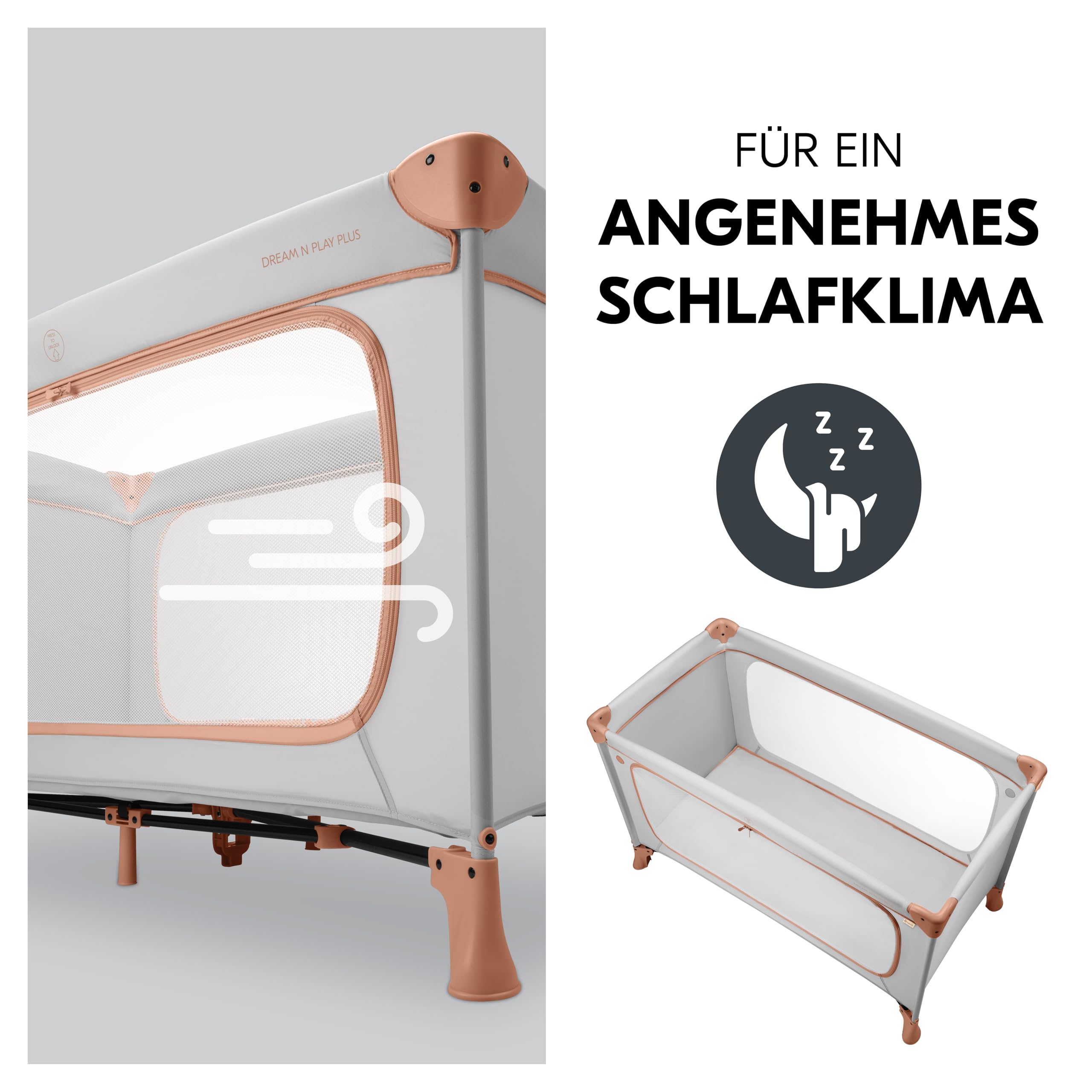 hauck Kinderreisebett Dream N Play Plus inkl. Spielbogen, Dusty Cork/Forest - ab Geburt bis 15 kg - mit XL Spiel Schlupf & Tragetasche - Leicht & Klein Zusammenklappbar