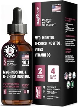 Myo-Inositol & D-Chiro Inositol Liquid Drops for Women | 401 Ratio | Hormone Balance & Cycle Support | Vitex + Vitamin D3 | 4 Fl Oz 2-Month Supply