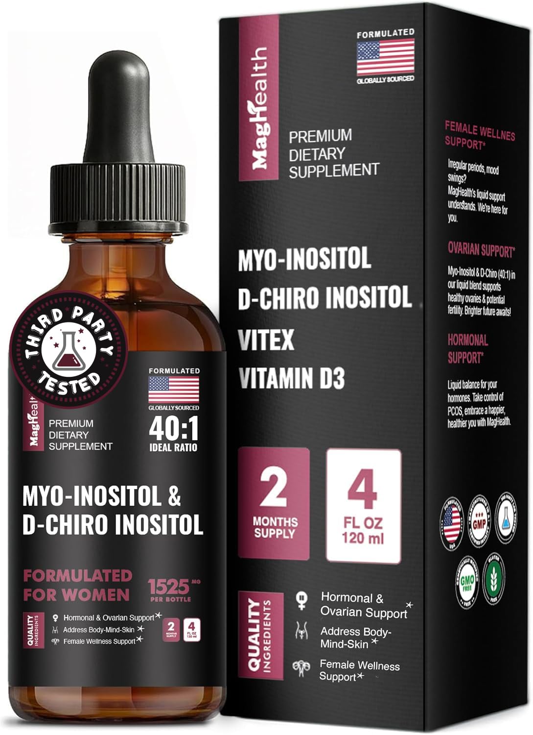 MagHealth Suplemento líquido de inositol com mio-inositol e D-quiro-inositol, proporção 40:1, Vitex 500 mg e vitamina D3, 120 mL