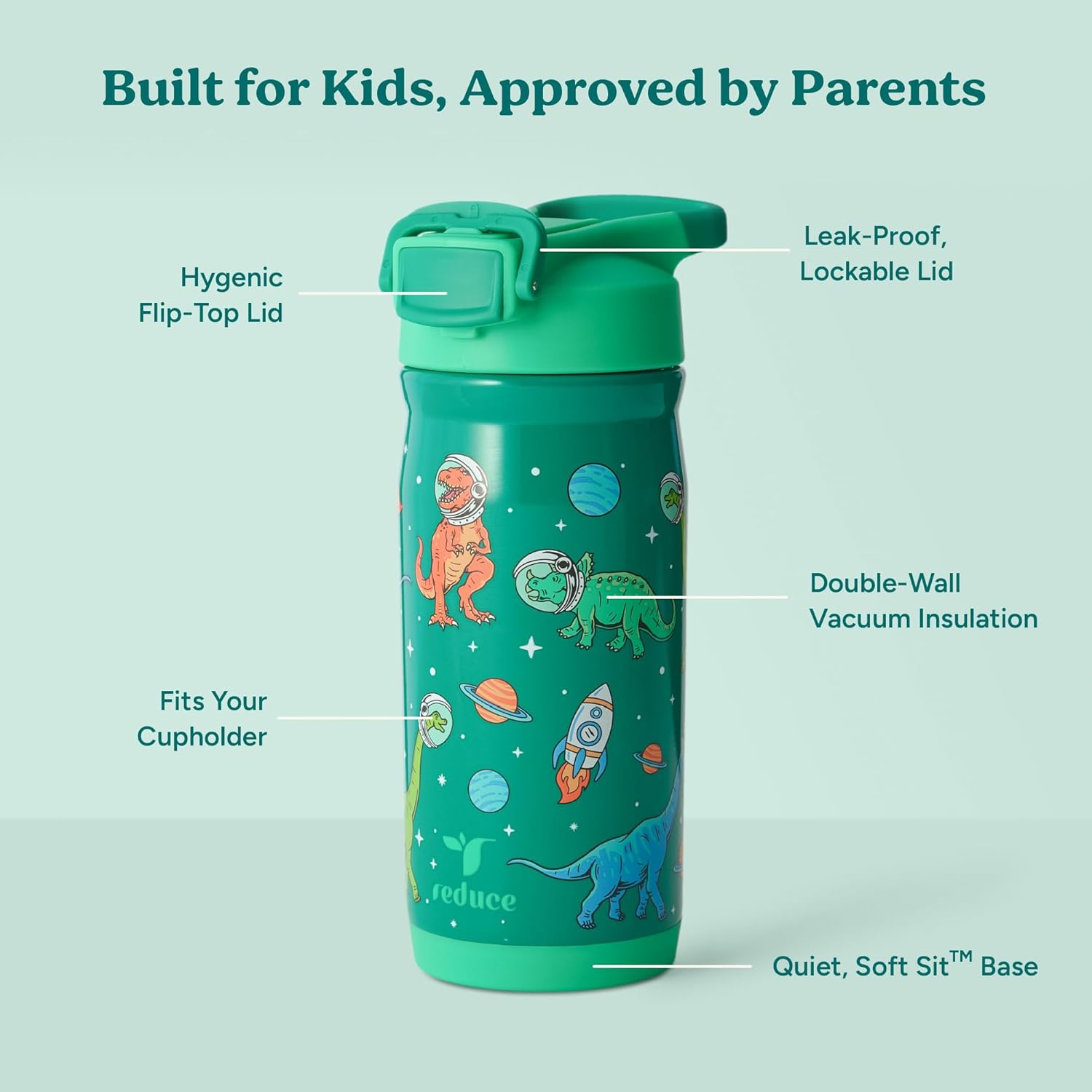 Reduce Hydrate Pro Kids 14oz Stainless Steel Insulated Water Bottle w/Straw – Spill Proof Tumbler for Kids – 30 Hour Cold Retention – Dishwasher Safe Leak-Proof Design - Jurassic Space - Image 3