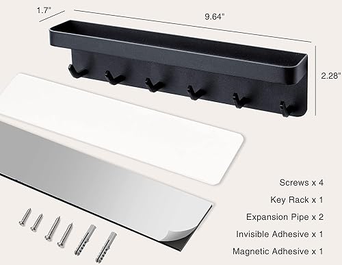 Miniatura 7 de Soporte para llaves montado en la pared con 6 ganchos, soporte de metal autoadhesivo para llaves con bandeja organizadora de correo, colgador de